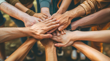 Teamwork, unity, collaboration, hands together, strength in numbers.