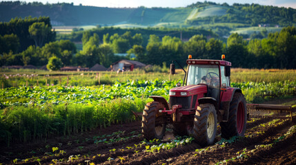 Fototapeta premium Red tractor working a field of green crops. a beautiful sunny day. farming in the countryside.