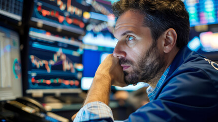 Focused stock trader analyzing multiple financial charts on large screens in a dimly lit office, highlighting the intensity of the financial markets and trading decisions.
