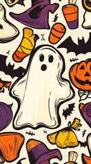 Halloween background with big ghost, candies, bats and pumpkin