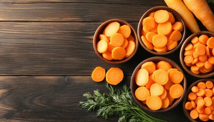 Different cuts of carrot in bowls on wooden background