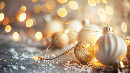 Festive christmas baubles with fairy lights and snow on a bokeh background.