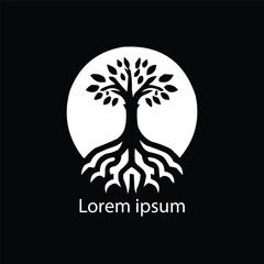 A black and white drawing of a tree with roots in the middle