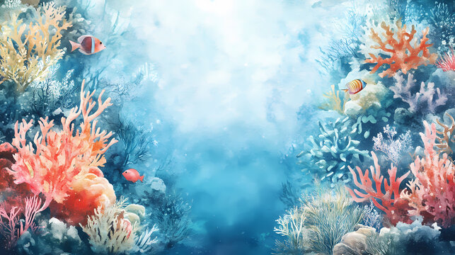 Watercolor painting coral reef ocean theme frame border. Coral Reef. Illustration