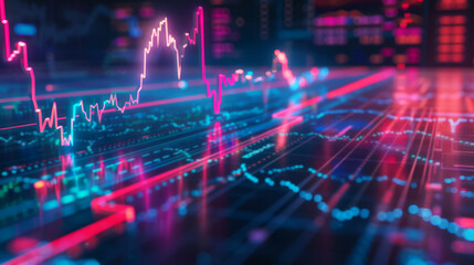 Abstract Financial Data Visualization. Neon Stock Market Charts.  Digital Trading  Background.  Economy Growth Concept.