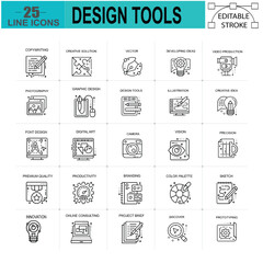 Easy Set of Line Icons for Mobile Apps and Websites Design Tools. includes icons for creativity, development, precision, vision, and sketching.