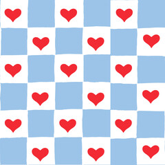Seamless vector repeating pattern with hand drawn checkerboard in soft blue and white and a perfect red heart half drop. Valentines or coastal checker with red hearts.