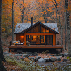 a cabin in the woods during fall