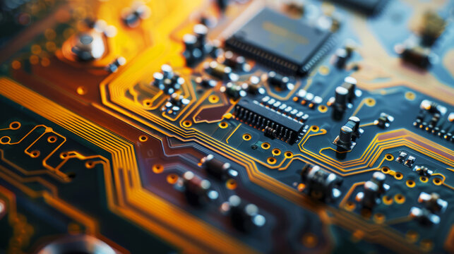 Close-up of a circuit board with golden traces, showcasing the intricate details of modern technology.