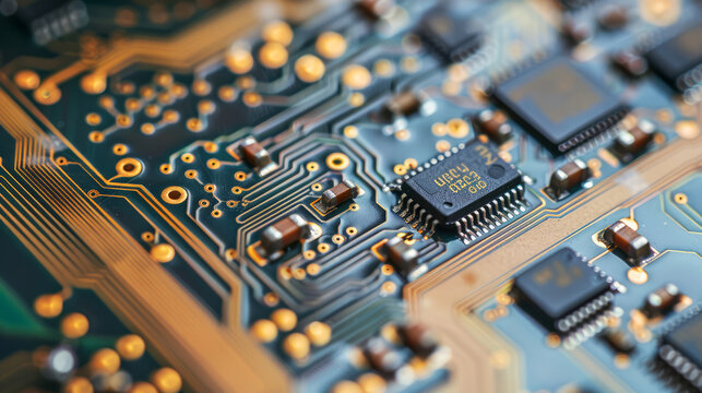Close-up of a circuit board with a microchip and gold traces. the image is perfect for illustrating technology, electronics, and innovation.