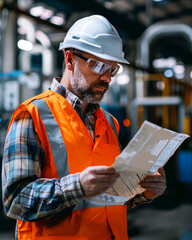 Construction Worker Reviewing Plans In Factory