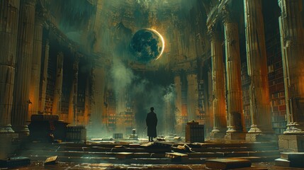 Eclipse in the Enchanted Library, a man contemplates ancient tomes under a celestial moon eclipse, surrounded by towering shelves and mystical shadows