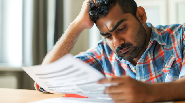 Worried Man Reading Document With Concerned Expression.  Financial Trouble, Bills, Debt, Stress.