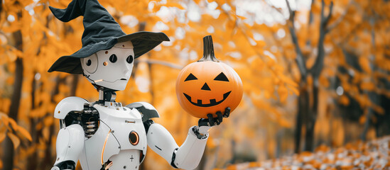 A humanoid robot in a black hat holds a halloween pumpkin in one hand.