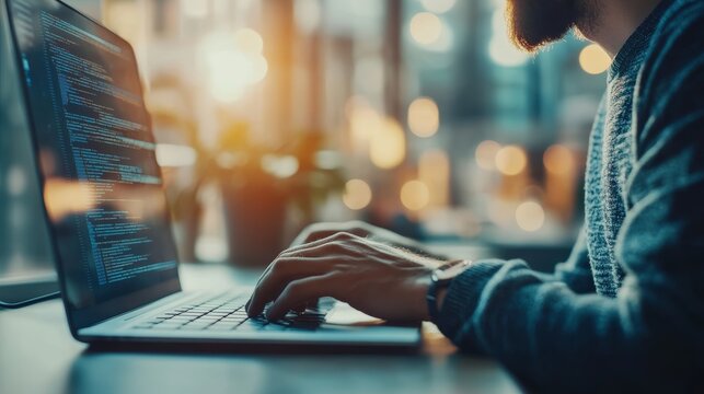 Close-up of a software developer typing code on a laptop in a cozy office environment. Focused on programming and modern technology.