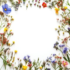 Floral background with wild flowers and copy space on white background.