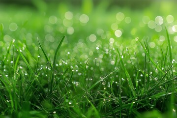 Obraz premium A detailed view of lush green grass covered with sparkling morning dew, highlighting freshness and nature's beauty.