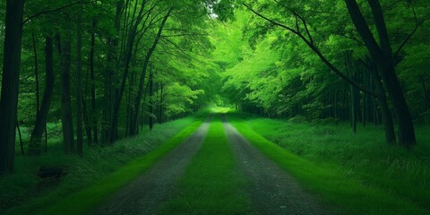 Obraz premium A serene path through a lush green forest with vibrant leaves, leading into the distance and creating an inviting natural scene.