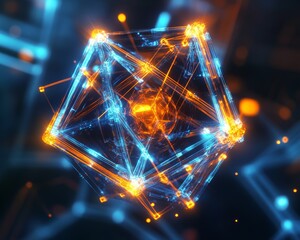 Futuristic 3D Render of Intricate Object with Glowing Wireframe, Geometric Lines, and Dynamic Lighting