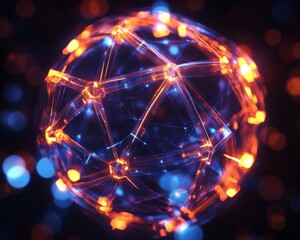 Abstract Futuristic 3D Render with Glowing Wireframe Elements and Dynamic Lighting Effects