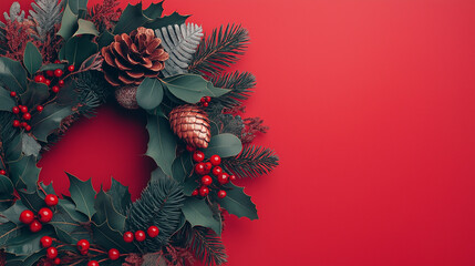 christmas wreath on red background