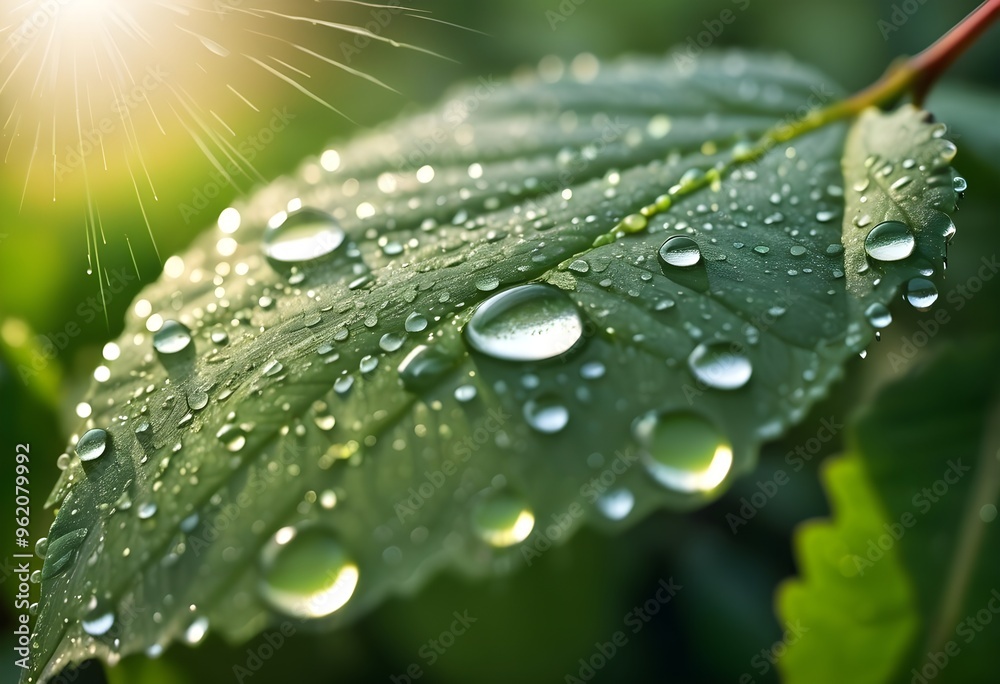 Poster macro close up of raindrops on green leaf in sunlight.