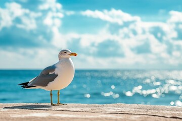 A seagull standing on a shore with a vibrant blue ocean and clear sky in the background, bathed in sunlight.