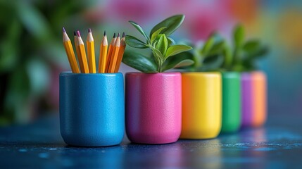 Colorful Pots with Pencil Holder and Greenery on a Blue Table