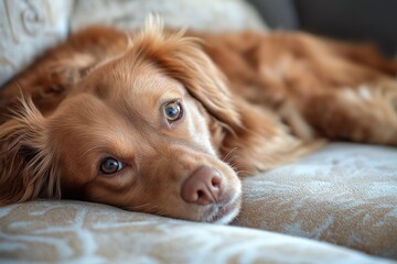 A content dog lies on a comfortable couch, exuding warmth and relaxation within a cozy home environment.