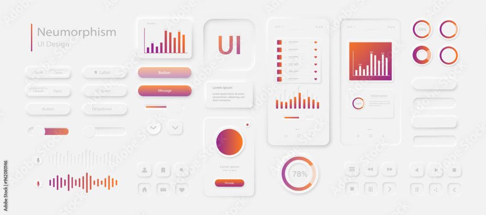 Poster user interface elements for a mobile application in white and red. a set for developing a modern web