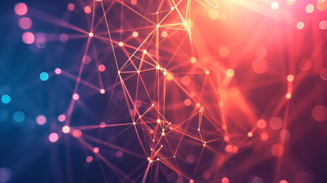 Abstract Network Connection. Glowing Lines And Bokeh. Digital Technology Background. Red And Blue Color Palette.