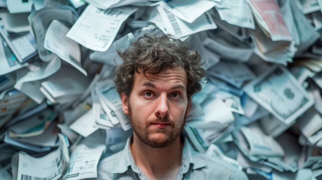 Man overwhelmed by paperwork, buried in a stack of documents.  frustration, stress, deadlines.  business, office, chaos.  conceptual photo.