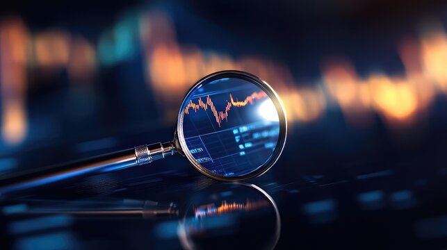Magnifying glass revealing market trends, symbolizing analysis and investment strategies in vibrant digital background.