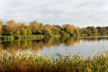 Tranquil lake during sunset on a fall day. Concept of peaceful nature, seasonal beauty, and tranquil outdoor scenery. High quality photo