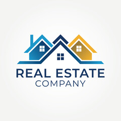 Modern Real Estate Company Logo Design with Blue and Yellow Houses