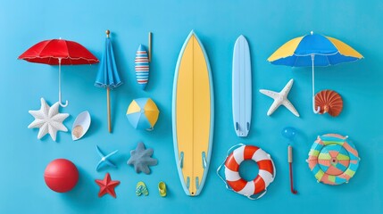 A flat lay of various summer beach items on a blue background including a surfboard, beach umbrella, life preserver, beach ball, and seashells.