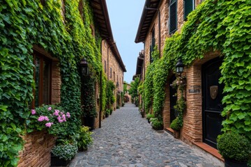 Beautiful cozy street, ivy-covered walls, timeless elegance creates a serene setting with ivy climbing gracefully over brick and stone buildings