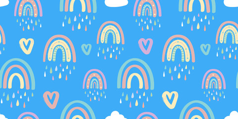 Cute rainbow and hearts seamless pattern. Romantic pattern for Valentines Day.Creative childrens illustration in a fashionable Scandinavian style.