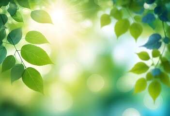 Blurred blue and green summer background with foliage and bokeh.
