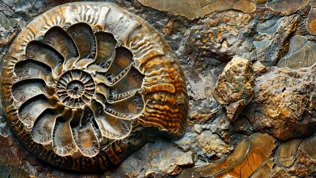 Discovering ammonite fossils in the ancient rocks of a coastal cliff during a summer exploration