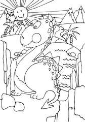Coloring page. Happy dinosaur in landscape. Jurassic period dinosaur. Coloring book. Hand drawn cartoon style vector illustration.