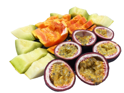 Sliced pieces of juicy fruit on a blue background. Advertising, banner, space for text, copywriting, transparent