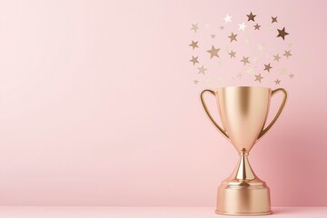 A golden trophy with stars spilling out of it on a pastel pink background, a celebration concept.