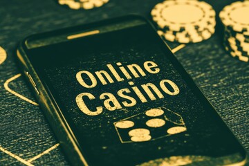 A mobile phone with casino elements floating around it, Online Casino written in golden letters on the background, black gradient color background, online gaming platform banner design