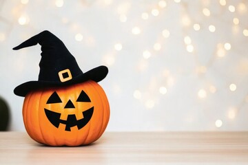 A Halloween pumpkin with a witch hat on a wooden table against a blurred lights background, with space for copy.