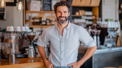 A cheerful barista stands confidently behind the counter of a coffee shop, showcasing a welcoming atmosphere and delicious brews His smile reflects passion for coffee and customer service