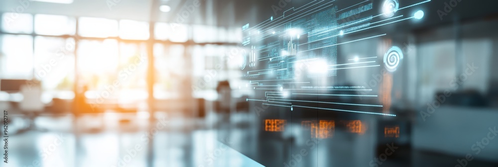 Aufkleber Futuristic digital interface in a modern office environment with glowing data visualizations. Technology and software development concept.