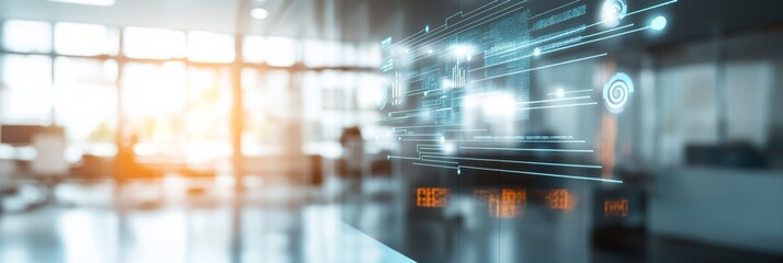 Futuristic digital interface in a modern office environment with glowing data visualizations. Technology and software development concept.