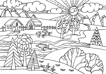 Coloring page. Fields landscape with farm, house, mountains, meadow, hills, trees, horses, sky, sun. Kids coloring book. Hand drawn vector illustration