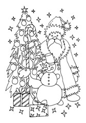 Coloring page. Santa Claus near decorated Christmas tree with gifts, deer, snowman, stars. Christmas coloring book for kids. Hand drawn vector illustration